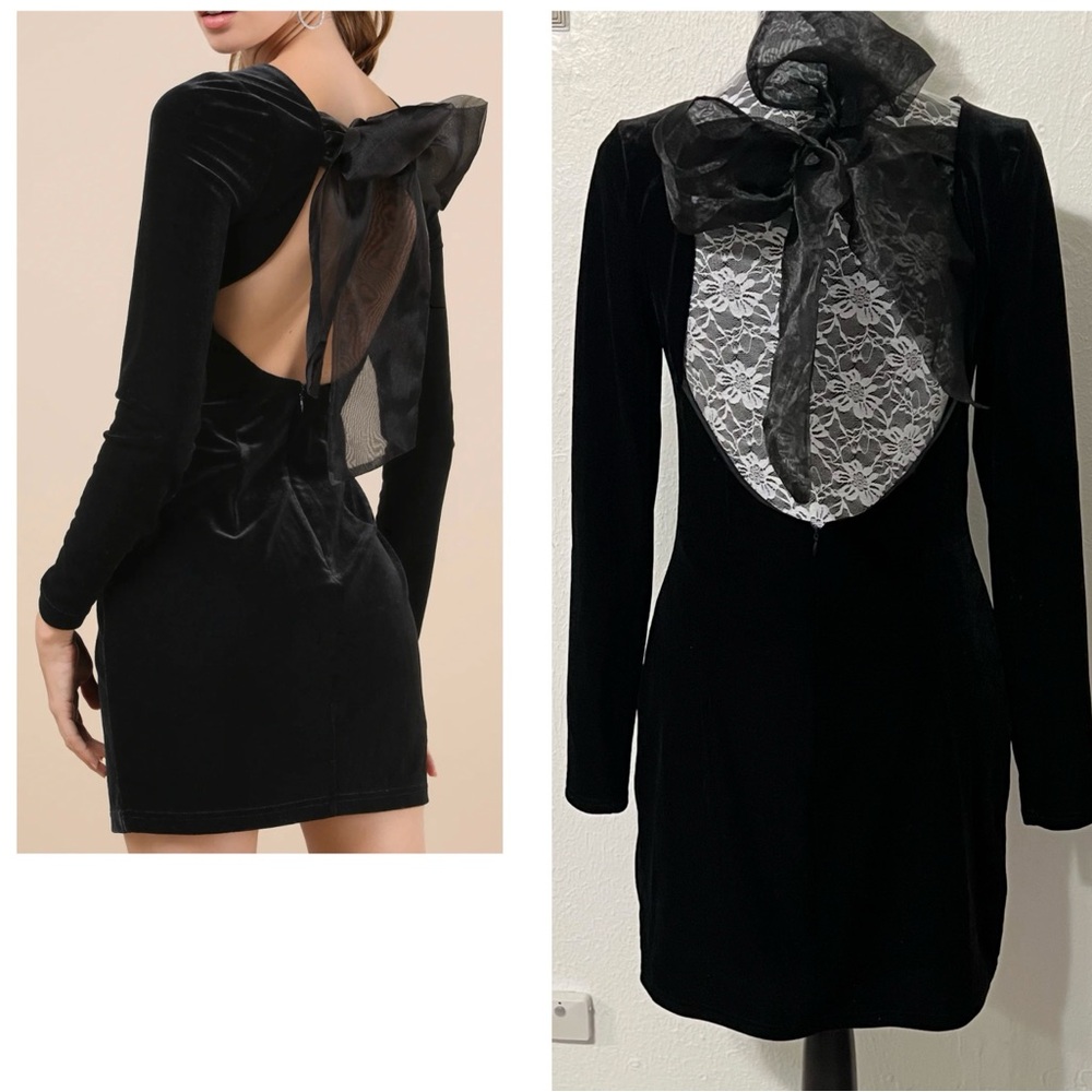 Lulu's Captivating Muse Black Velvet Tie-Back Elegant Backless with Lace Bow